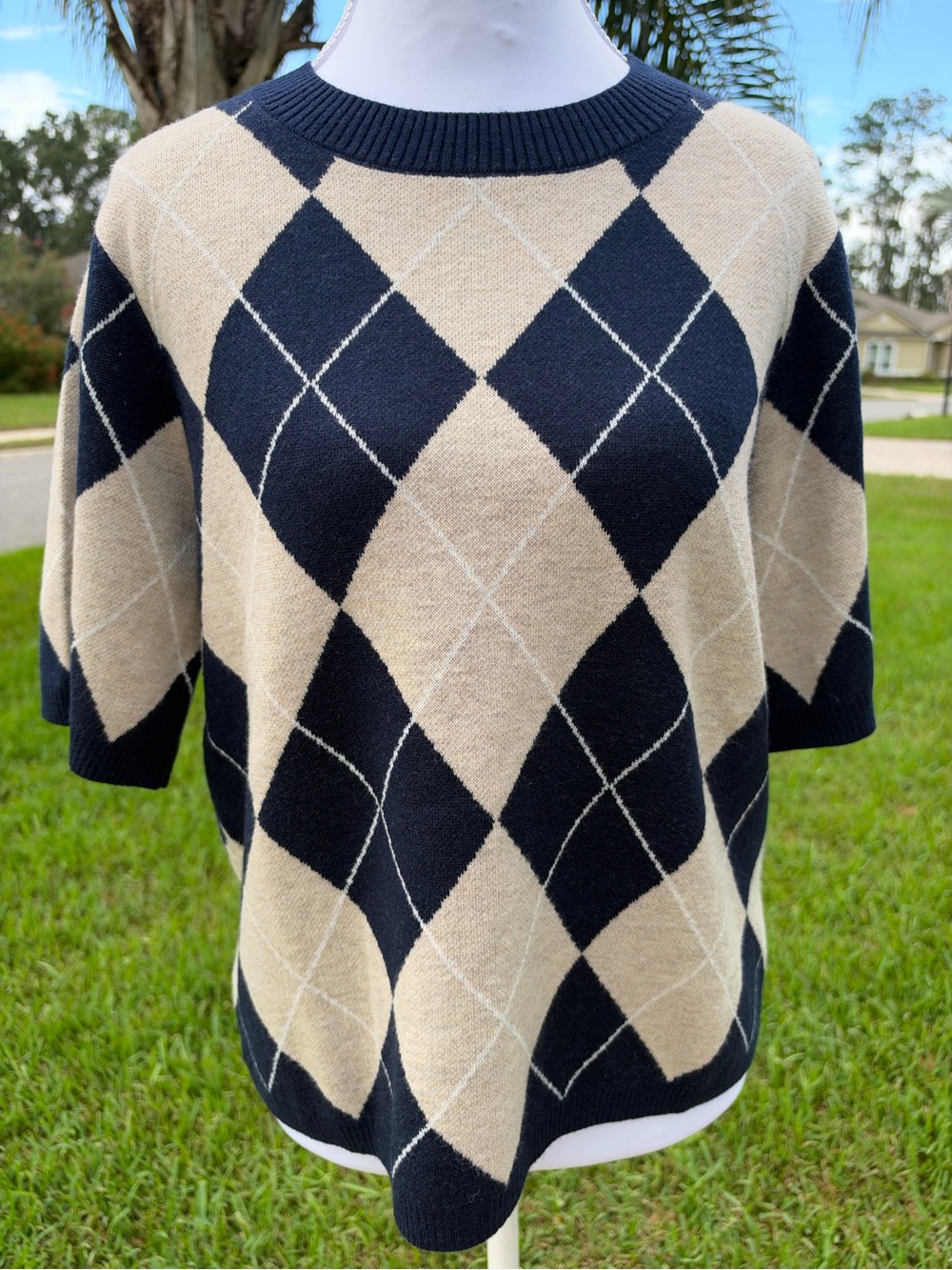 NWT🌷Splendid Navy and Cream Argyle Short-Sleeve Crewneck Sweater